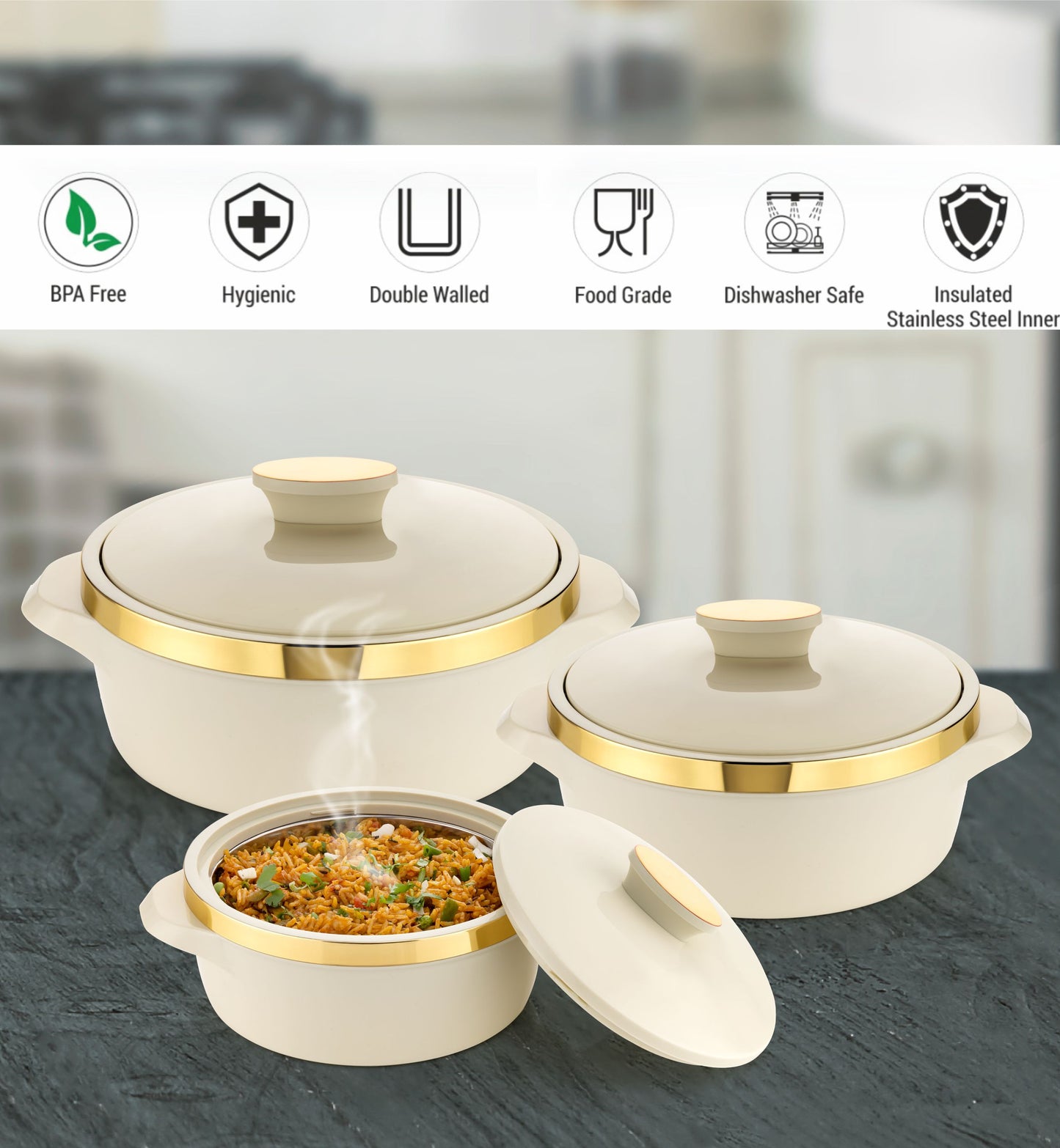 GOLDEN PRINTED IVORY CASSEROLL COMBO PACK OF 3